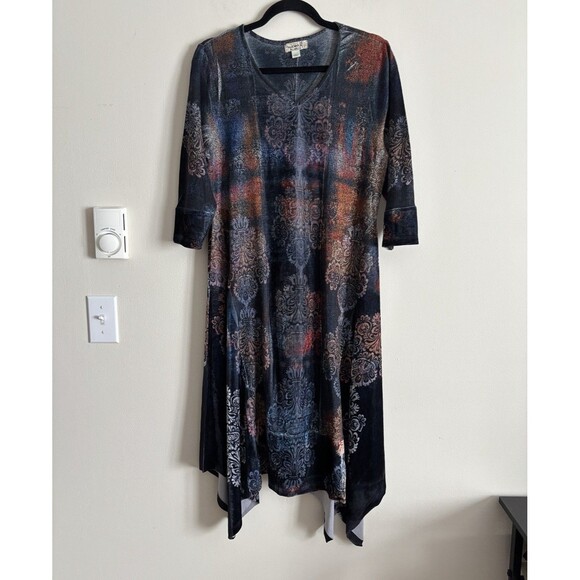 One World Boho Velvet Dress Large Asymmetrical Handkerchief Blue Red‎ Summer Y2K - Picture 1 of 5